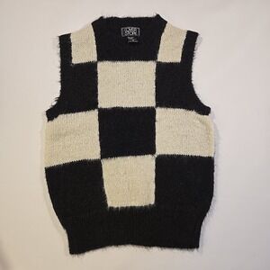 VTG Cover Story M Black White Fuzzy Checkered Sweater Vest Taiwan 80s Knit Top‎